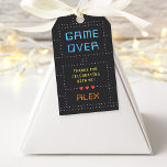 Retro Arcade Game Kids Birthday Favour Tags<br><div class="desc">These awesome gamer theme birthday party favour tags with a vintage arcade game vibe feature retro lettering on a dark grey and white dot matrix grid. "Game Over" appears at the top in retro digital lettering,  with your custom message and name beneath. Three retro "life hearts" complete the design.</div>