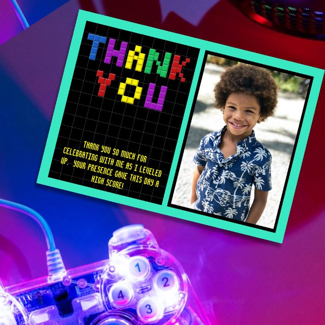 Retro Arcade Game Photo Birthday Party Thank You Card (Retro Arcade Game Photo Birthday Party Thank You Card)
