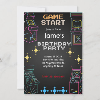 Retro Arcade Games Party Birthday Invitation