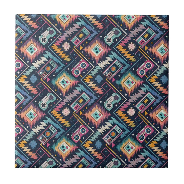 Retro Arcade Geek Gaming Glitch & Pixel Pattern Tile (Front)