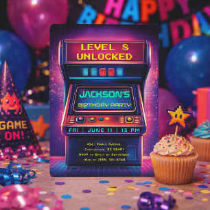 Retro Arcade Level Up Birthday Party Invitation