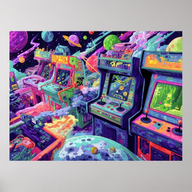 Retro Arcade Machines in Space Poster (Front)