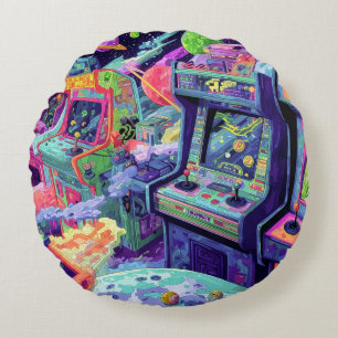 Retro Arcade Machines in Space Round Cushion