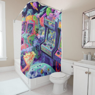 Retro Arcade Machines in Space Shower Curtain
