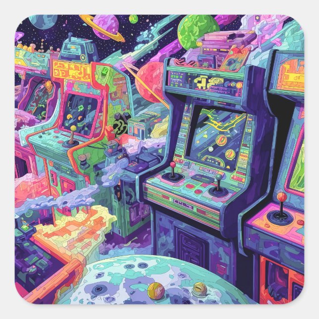 Retro Arcade Machines in Space Square Sticker (Front)