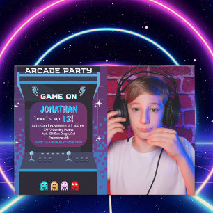 Retro Arcade Photo Birthday Boy   Game On Party Invitation