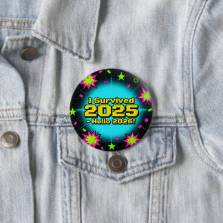 Retro Arcade Style "I Survived 2025 - Hello 2026!" 7.5 Cm Round Badge