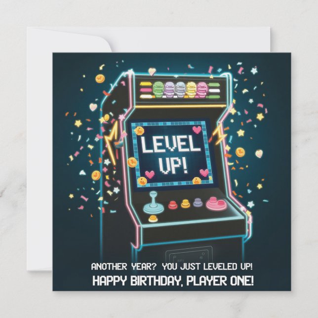 Retro Arcade-Themed Birthday - "Level Up!" Gamer Card (Front)