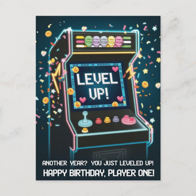 Retro Arcade-Themed Birthday - "Level Up!" Gamer Postcard (Front)