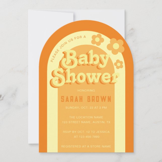 Retro Arch Baby Shower Groovy 70s Orange Yellow Invitation (Front)