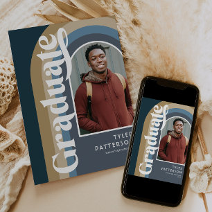 Retro Arch Blue Photo 2025 Graduation Announcement