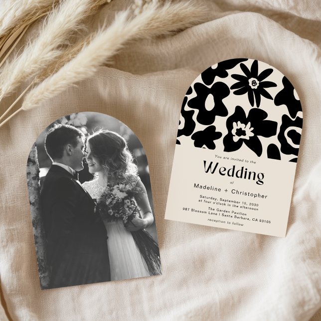 Retro Arch Bold Floral Photo Wedding Invitation (Creator Uploaded)