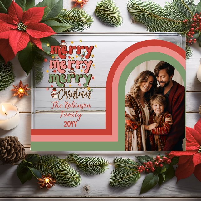 Retro Arch Merry Christmas Family Photo Acrylic Invitations ("Merry Merry Christmas" Retro Arched Photo Family Holiday Clear Acrylic Card)