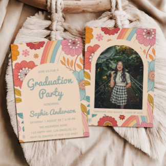 Retro Arch Photo Floral Rainbow Graduation Party   Invitation