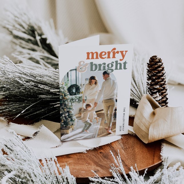 Retro Arch Photo Merry & Bright Holiday Card (Creator Uploaded)