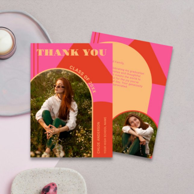 Retro Arch Pink & Orange 2 Photo Graduation Thank You Card (Creator Uploaded)