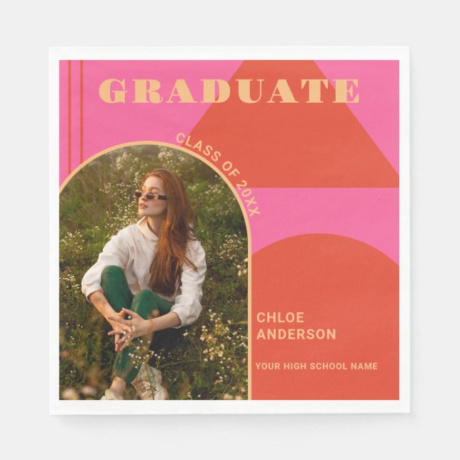 Retro Arch Pink & Orange Photo Graduation Napkin (Front)