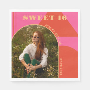 Retro Arch Pink & Orange Photo Sweet 16 Birthday  Napkin