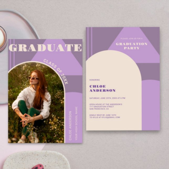 Retro Arch Purple Bold Photo Graduation Invitation (Creator Uploaded)