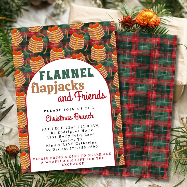 Retro Arch Red Flannel & Pancakes Christmas Brunch Invitation (Creator Uploaded)