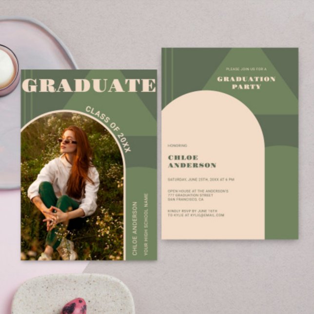 Retro Arch Sage Green Photo Graduation Invitation (Creator Uploaded)