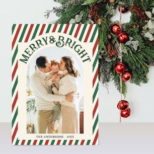 Retro Arch Stripes Family Photo Merry Bright  Holiday Card