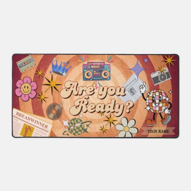 Retro Are You Ready Desk Vibes with Custom Name Desk Mat (Front)