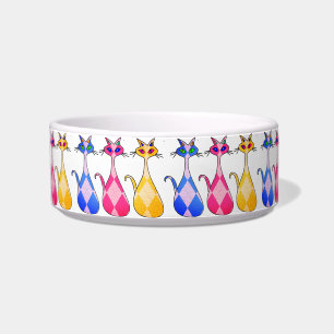 Retro Argyle Cats Ceramic Pet Bowl