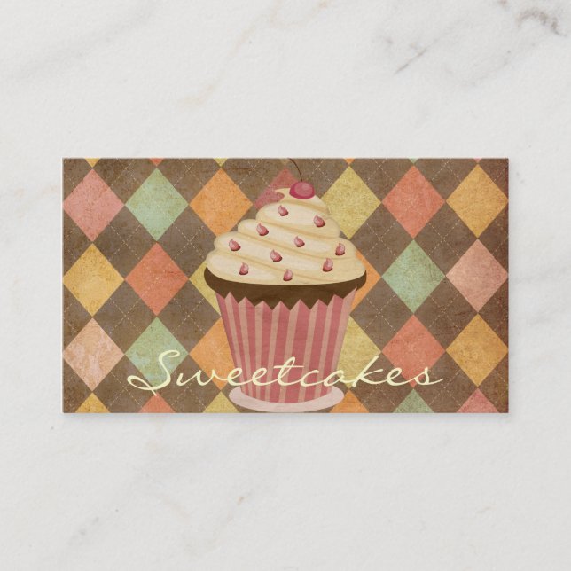 Retro Argyle Cupcake Bakery Business Card (Front)