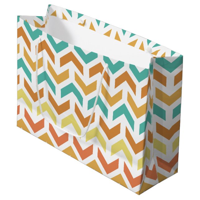 Retro Arrows Chevron Orange Teal Gold Large Gift Bag (Front Angled)