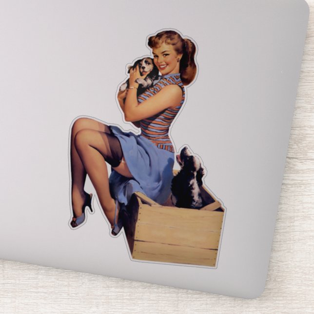 Retro Art Brunette Pin-up Girl with Puppies Dogs (Detail)