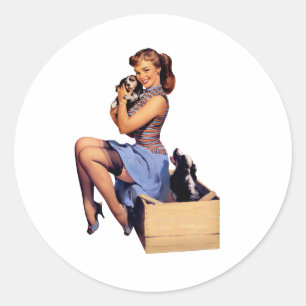 Retro Art Brunette Pin-up Girl with Puppies Dogs Classic Round Sticker