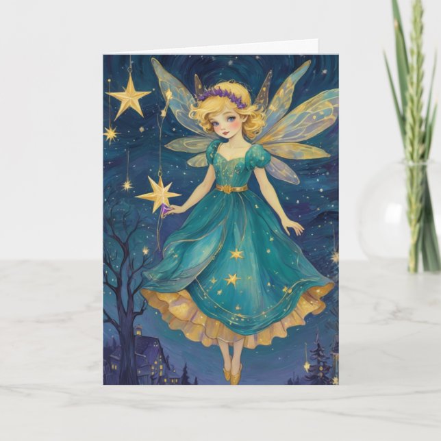 Retro Art Christmas Fairy Starry Night Card (Front)