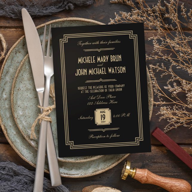 Retro Art Deco Dark Wedding Invitation (Creator Uploaded)