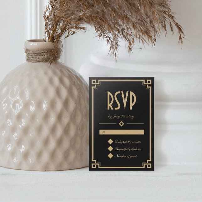 Retro Art Deco Frame Classic Black Gold Wedding RSVP Card (Creator Uploaded)