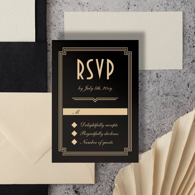Retro Art Deco Frame Classic Black Gold Wedding RSVP Card (Creator Uploaded)