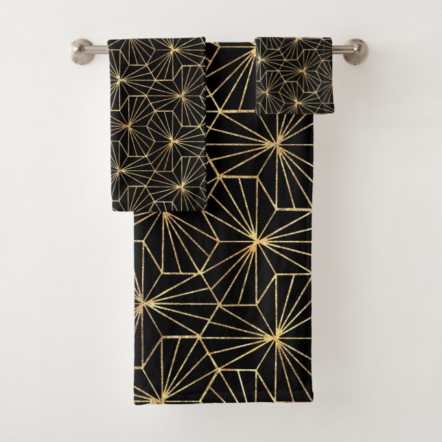 Retro Art Deco Gold Black Geometric Pattern Bath Towel Set (Insitu)