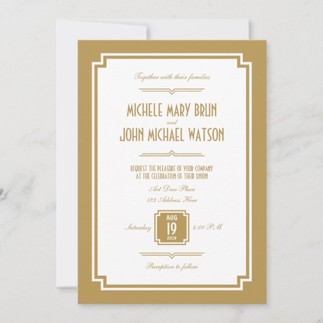 Retro Art Deco Gold Colour Frame Wedding Invitatio Invitation (Front)
