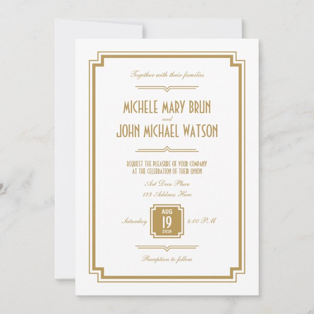 Retro Art Deco Gold Colour White Wedding Invitatio Invitation (Front)