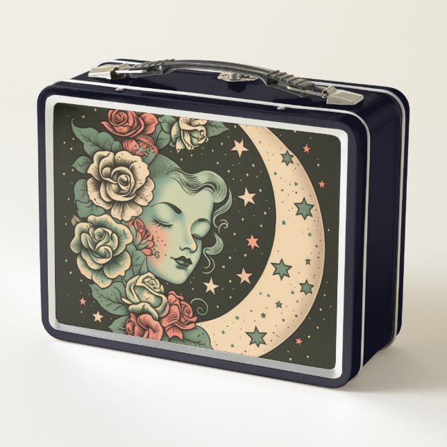 Retro Art Deco Green Crescent Moon Lady Metal Lunch Box (Back)