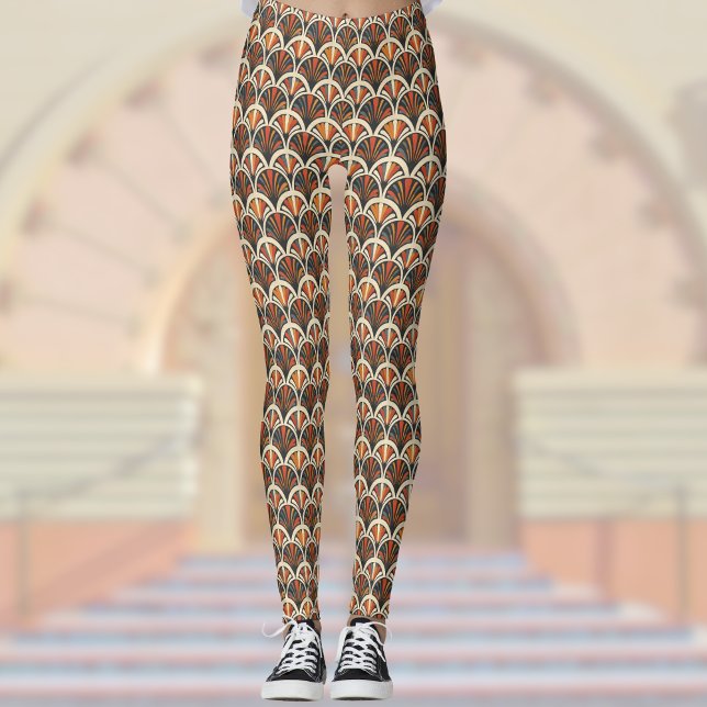 Retro Art Deco Jazz Age Muted Colours Orange Gold  Leggings (Creator Uploaded)