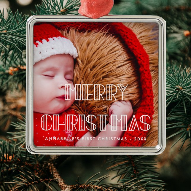 Retro art deco Merry Christmas baby photo Metal Tree Decoration (Creator Uploaded)