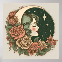 Retro Art Deco Moon Lady Stars & Flowers