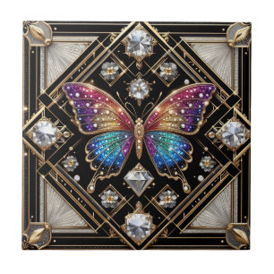 Retro Art Deco Nouveau Rainbow Butterfly Tile