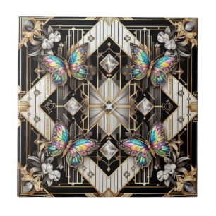 Retro Art Deco Nouveau Rainbow Butterfly Tile