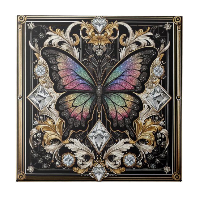 Retro Art Deco Nouveau Rainbow Butterfly Tile (Front)