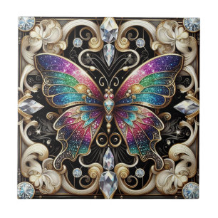 Retro Art Deco Nouveau Rainbow Butterfly Tile