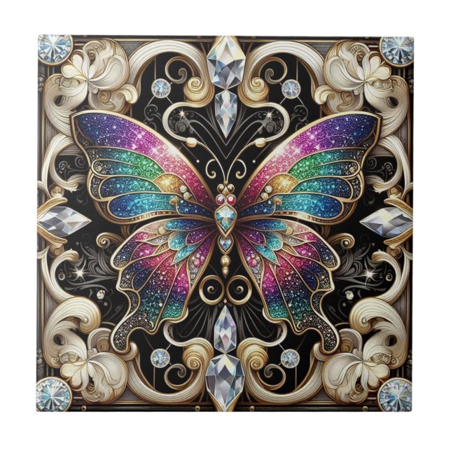 Retro Art Deco Nouveau Rainbow Butterfly Tile (Front)