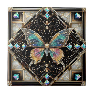 Retro Art Deco Nouveau Rainbow Butterfly Tile