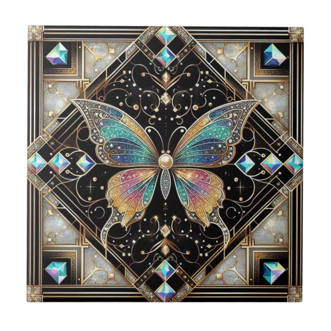 Retro Art Deco Nouveau Rainbow Butterfly Tile (Front)
